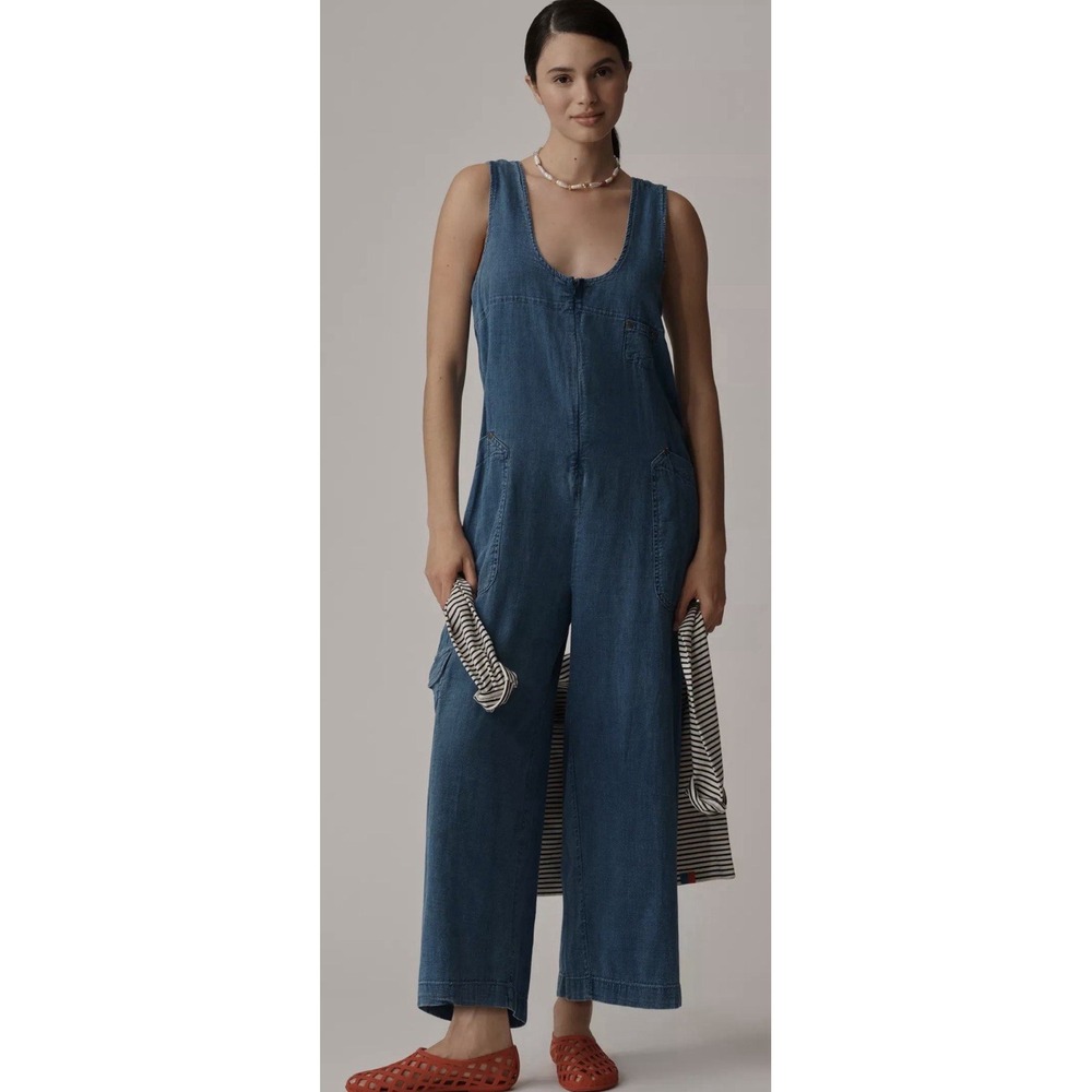 Anthropologie Pilcro Zip-Front Wide-Leg Overalls Size XL Blue NWT Relaxed Fit